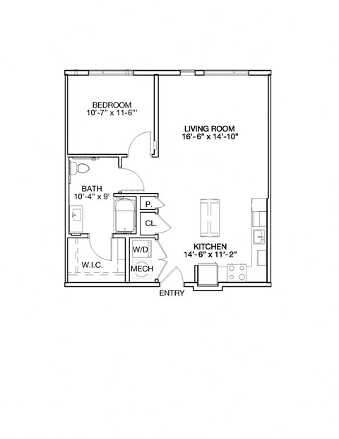 Floor plan for 1 bed, 1 bath, 795 sqft